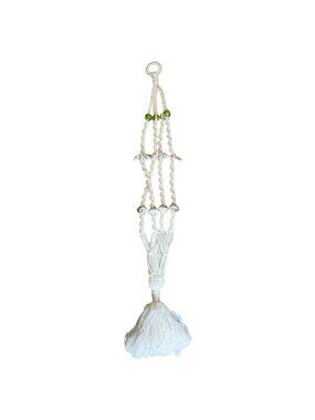 Handmade Macrame Plant Hanger VTG 49" Ceramic Bird Green Bead Accents White Rope